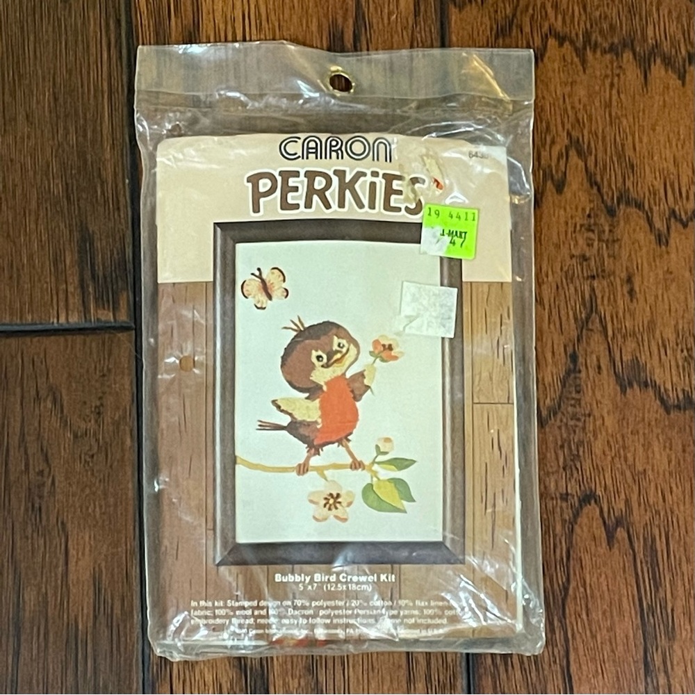 Vintage Caron Perkies BUBBLY BIRD Crewel Sewing Kit 5" x 7" Robin 6436 NOS